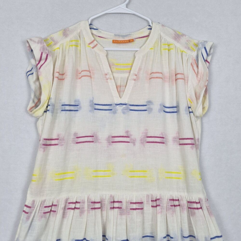Tuckernuck Oliphant Shirt Dress Large Tiered White Colorful Striped Cotton Boho - Picture 3 of 8